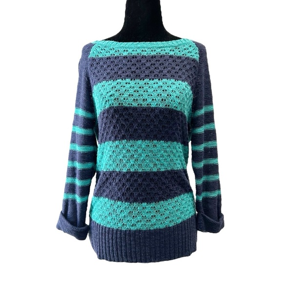 Ricki's Sweaters - Ricki’s Striped Blue Teal Sweater Lightweight Cotton Open Weave Size Small